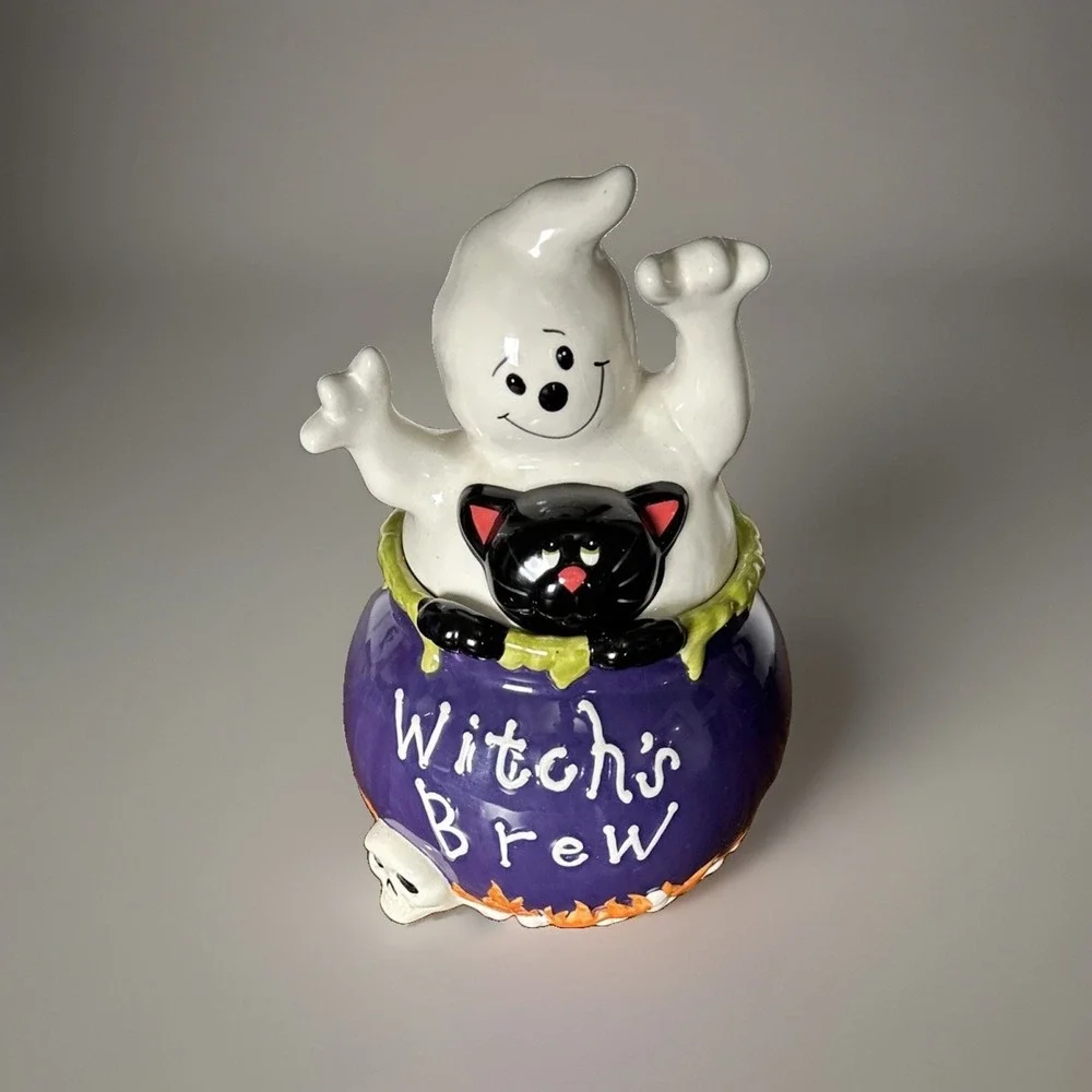 David's Cookies Halloween Witch's Brew Cauldron Cookie Jar Ghost Black Cat Skull